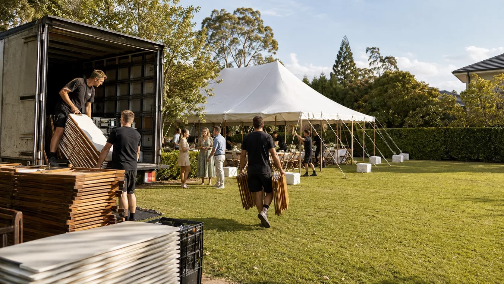 Customers collect booked marquee, table or chair model from an active Australian hire business