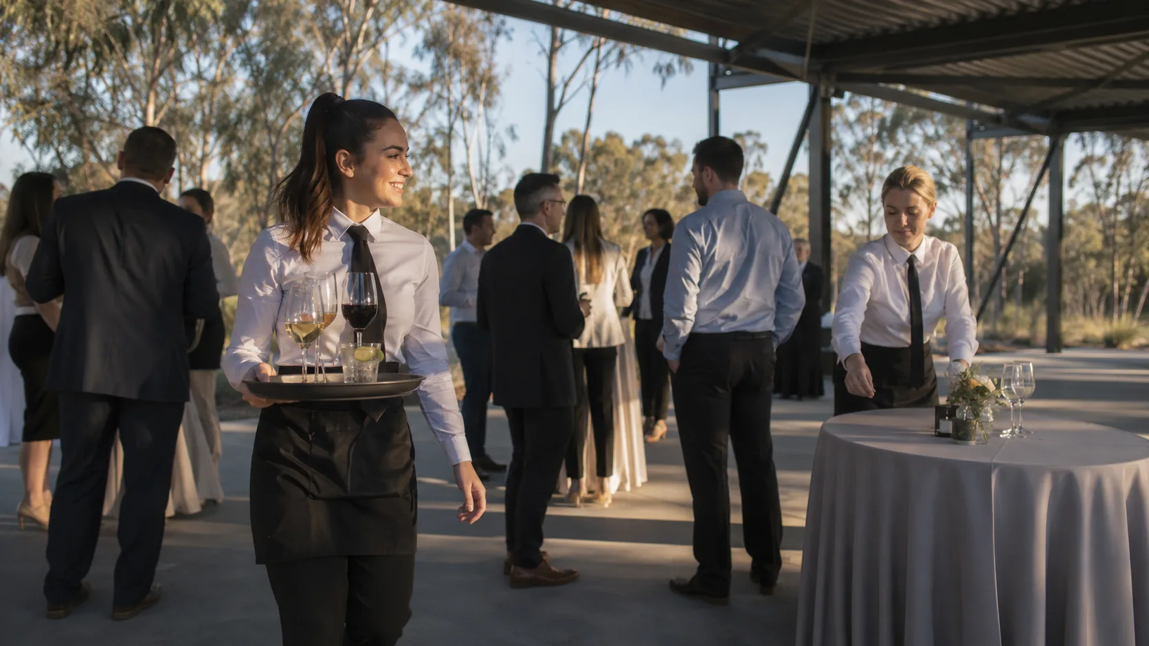event server carrying a tray at an outdoor corporate reception in Australia