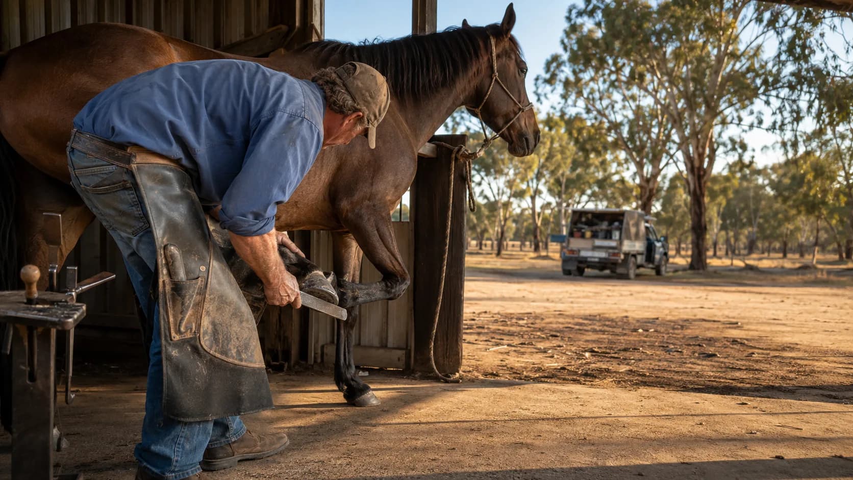 A farrier shoes a horse at a stable on a dry Australian property