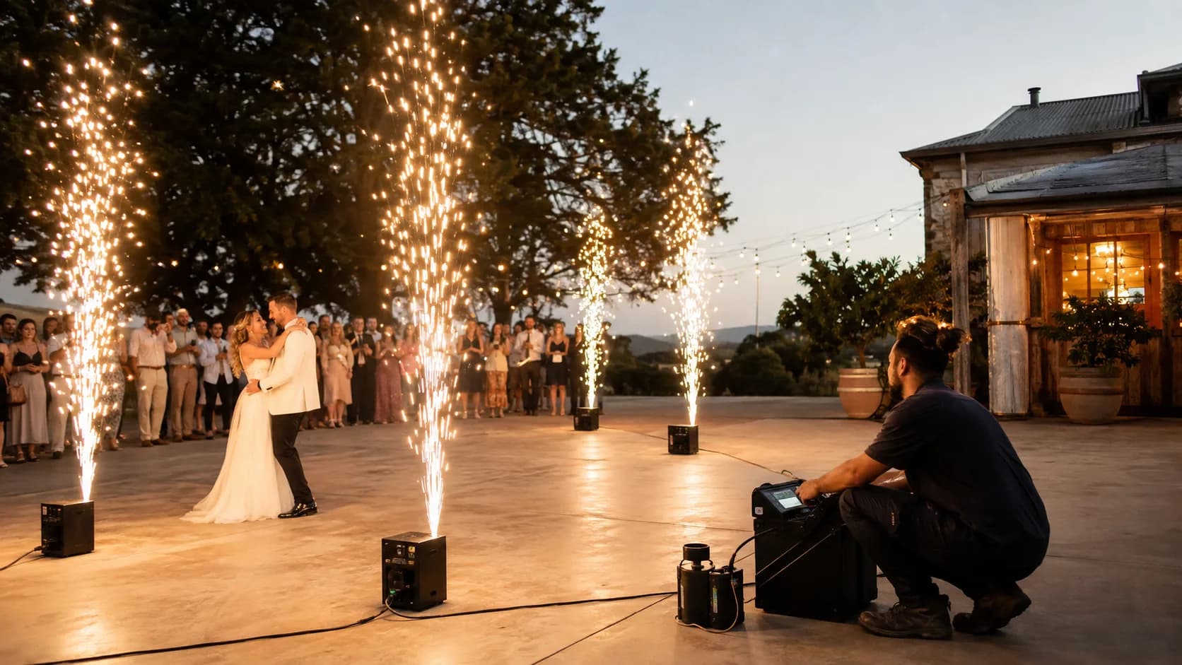 Controlled cold spark or fireworks display illuminating a booked event in Australia