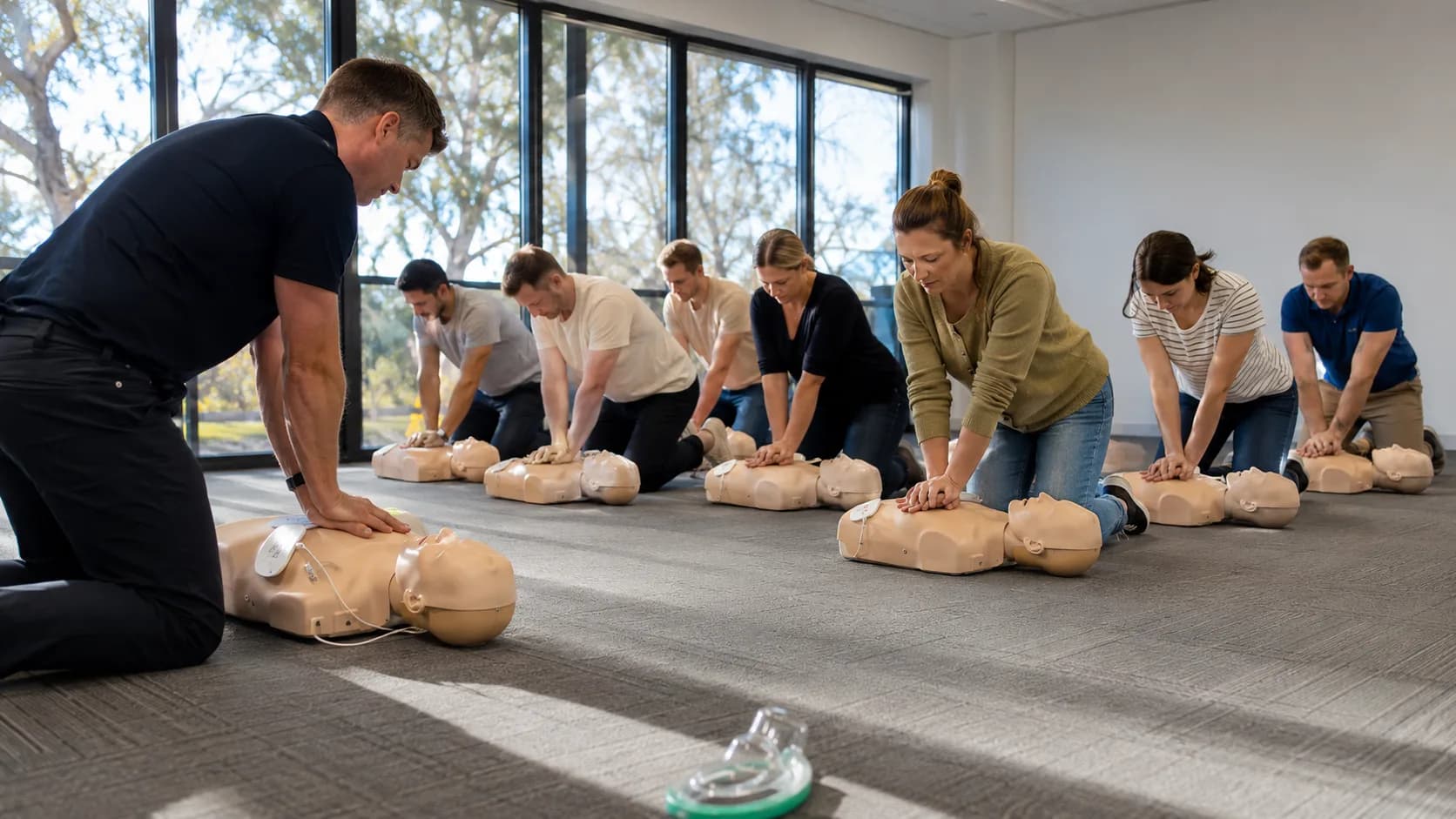 A trainer demonstrates practical first aid to an engaged adult class in Australia
