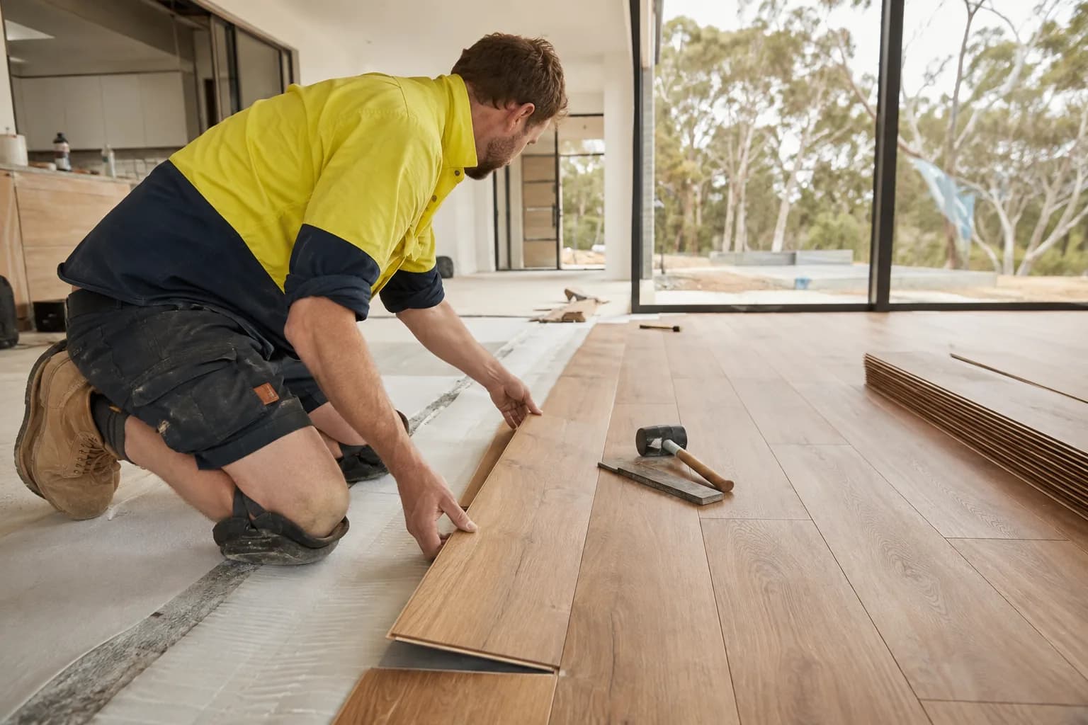 A floorlayer laying a timber floor in Australia