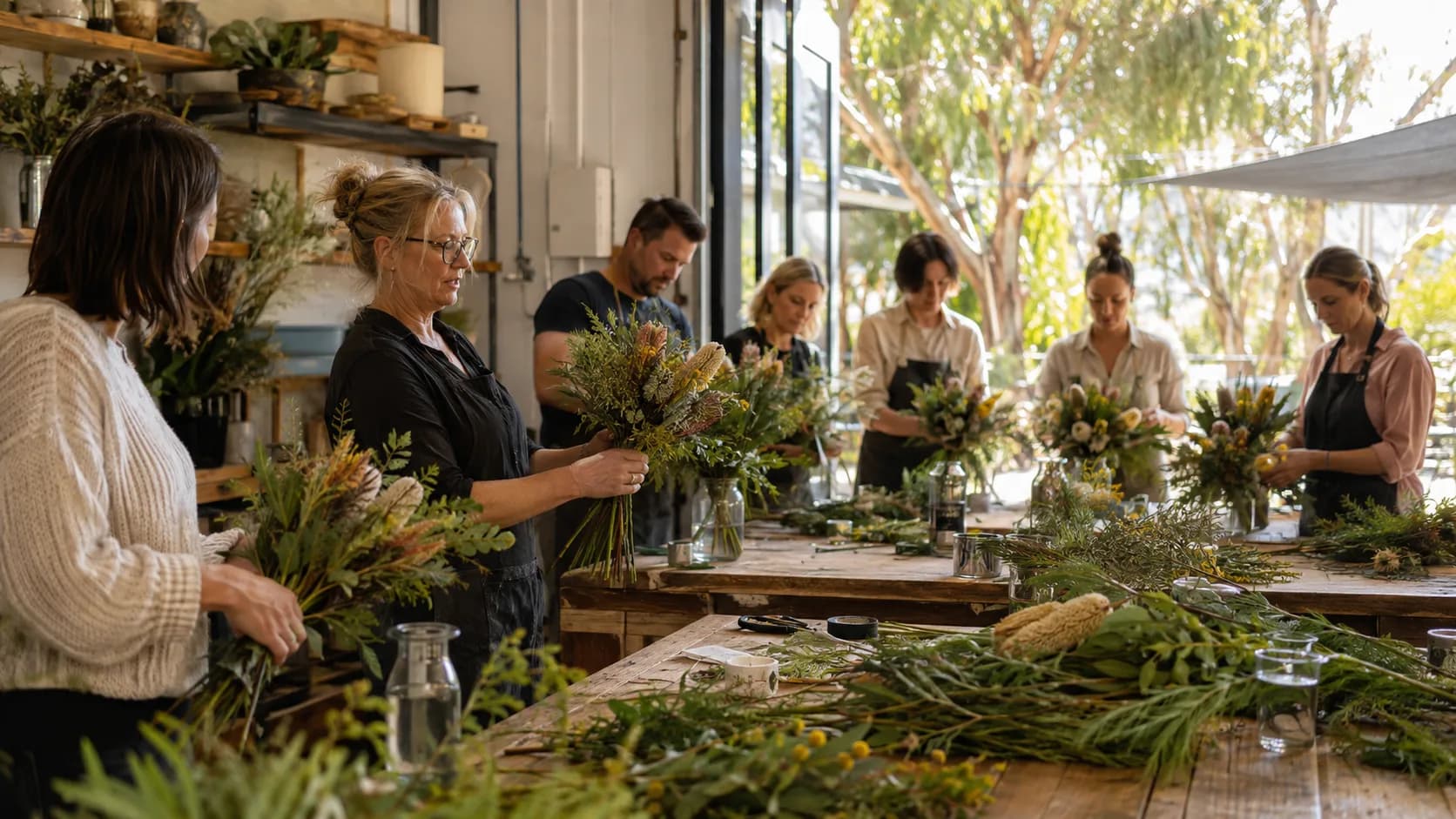 Hands tying a bouquet at a flower-strewn workshop bench in bright hard daylight in Australia