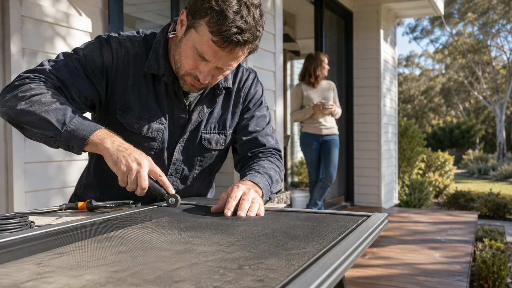 A flyscreen fitter resplining a panel at the van in Australia