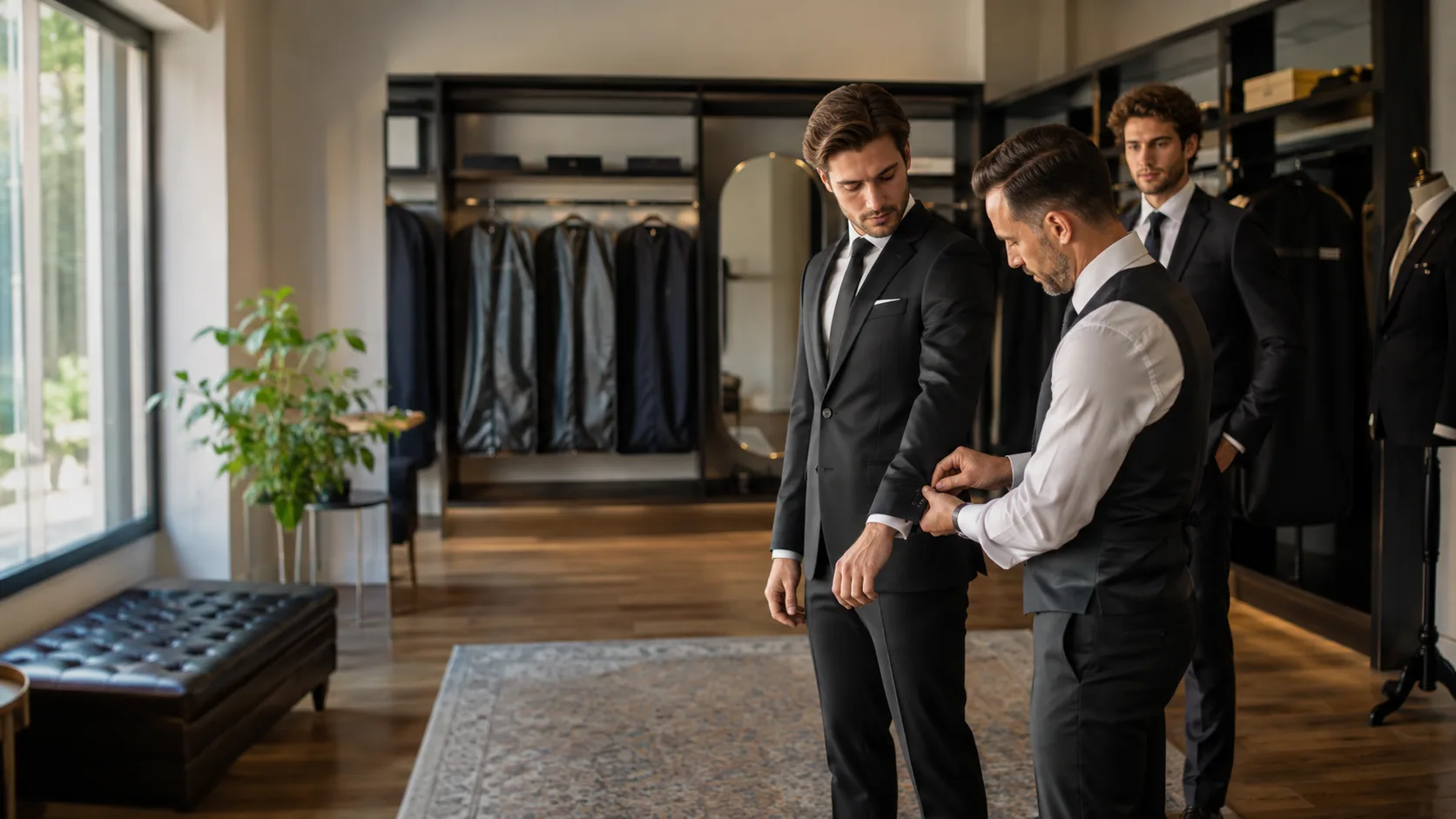 Tailor fitting a formal jacket inside an menswear boutique in Australia