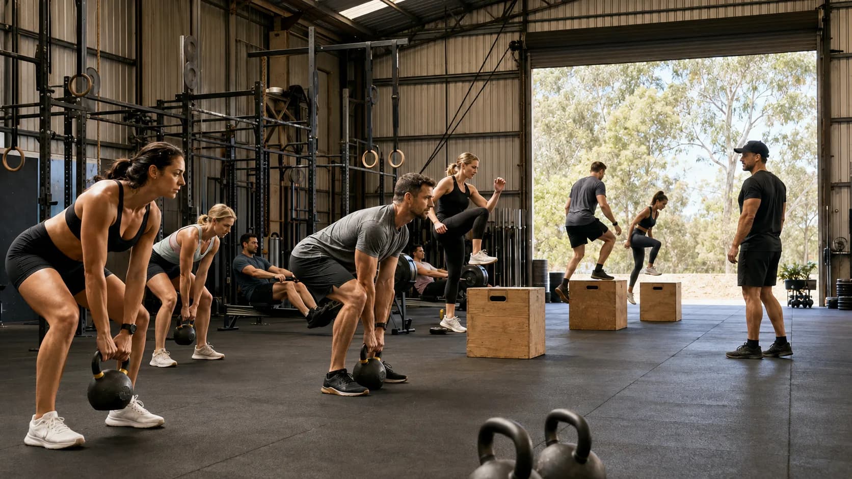 Athletes working through stations on a rig under hard morning light in Australia