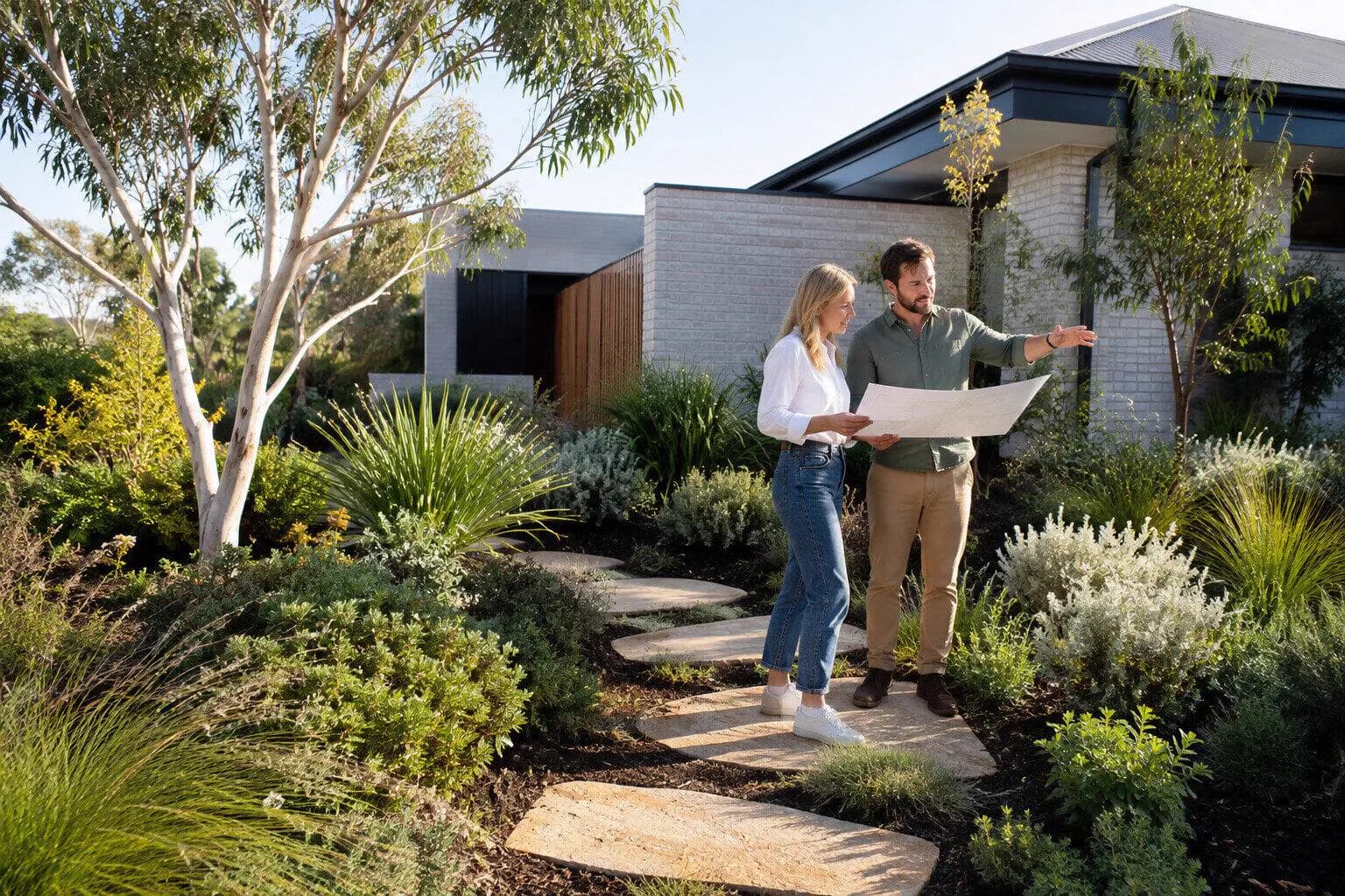 A garden designer setting out a planting plan for a garden in Australia