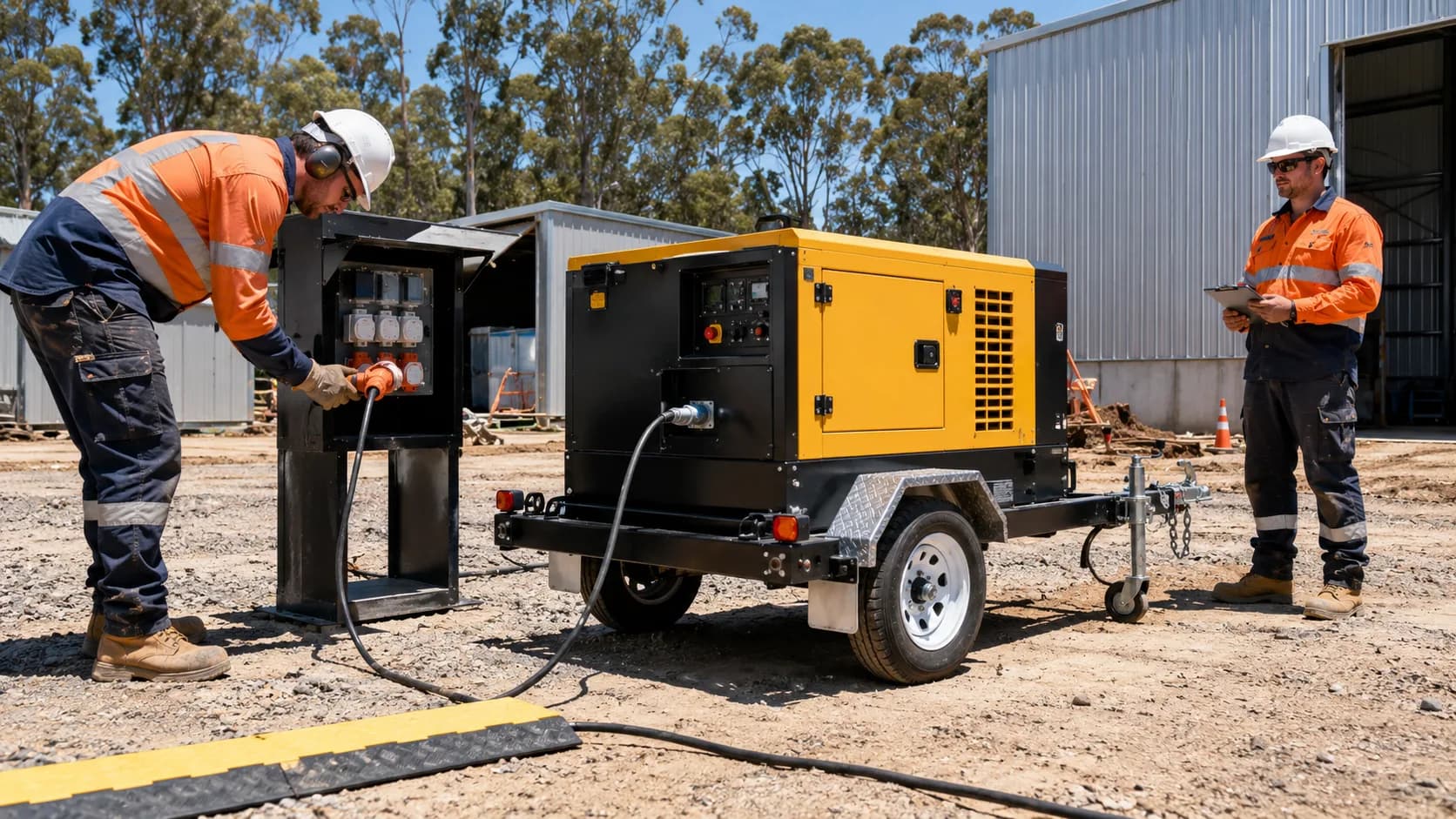 Technicians checking a trailer generator at an worksite in Australia