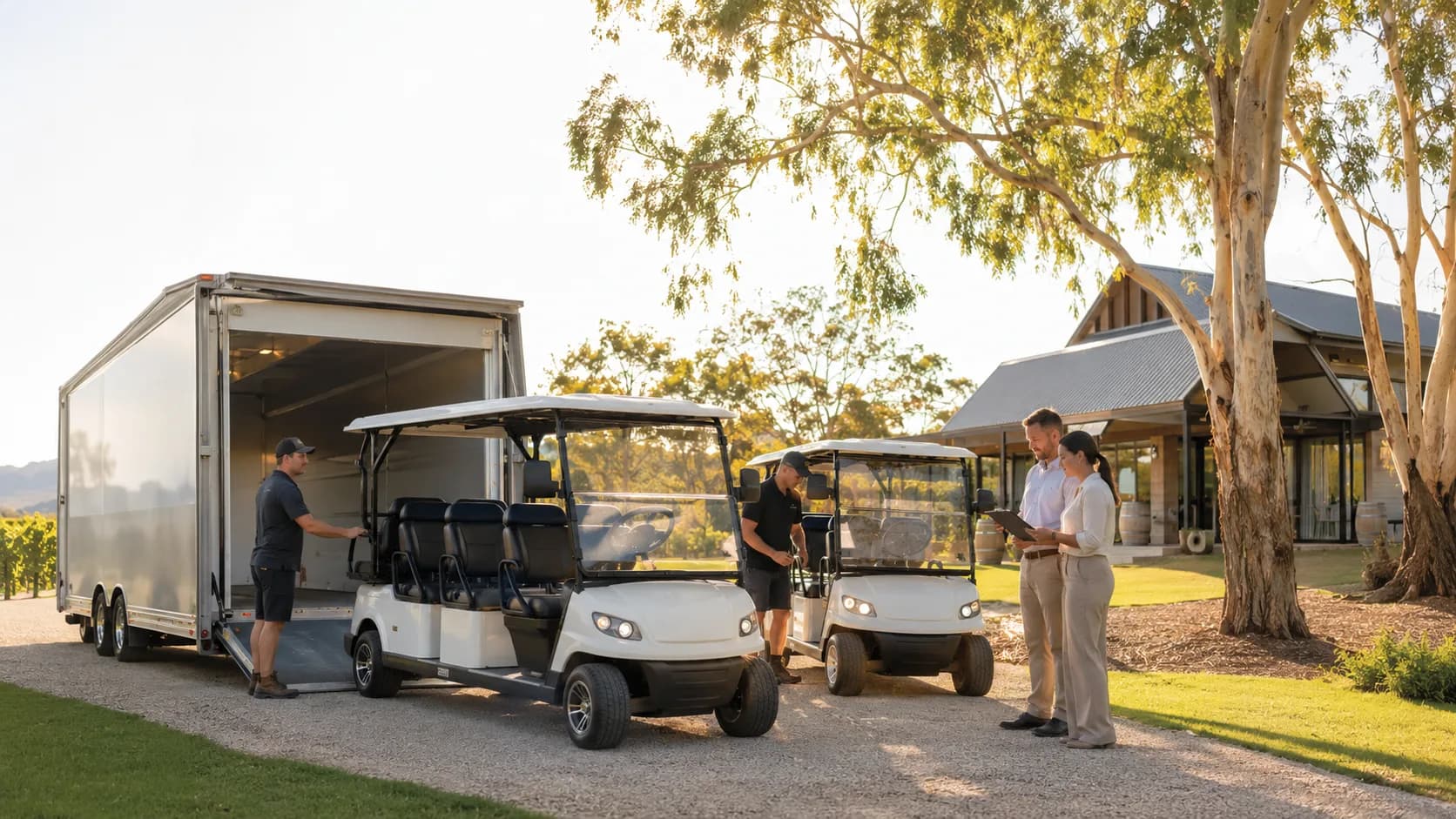 Operator unloading golf carts for an outdoor event in Australia