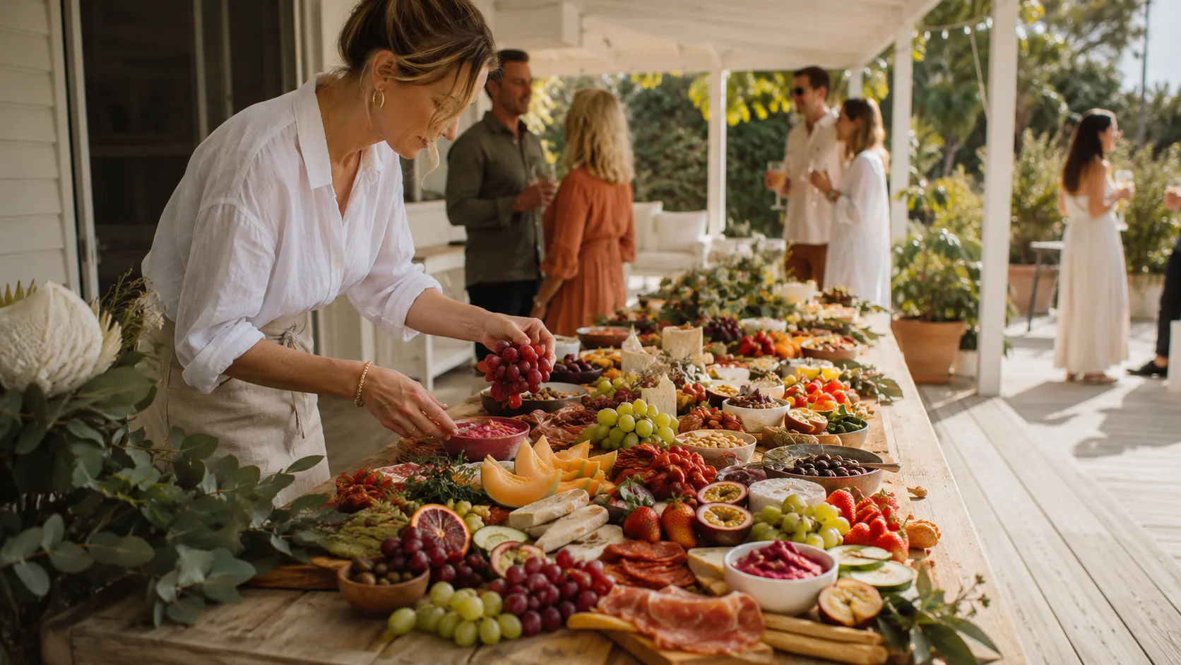 grazing-table stylist finishing a sunny backyard spread in Australia celebration