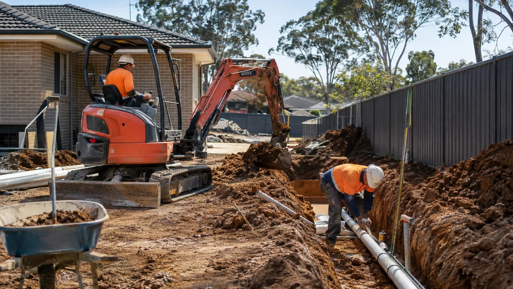An excavator cutting a footing trench on a site in Australia
