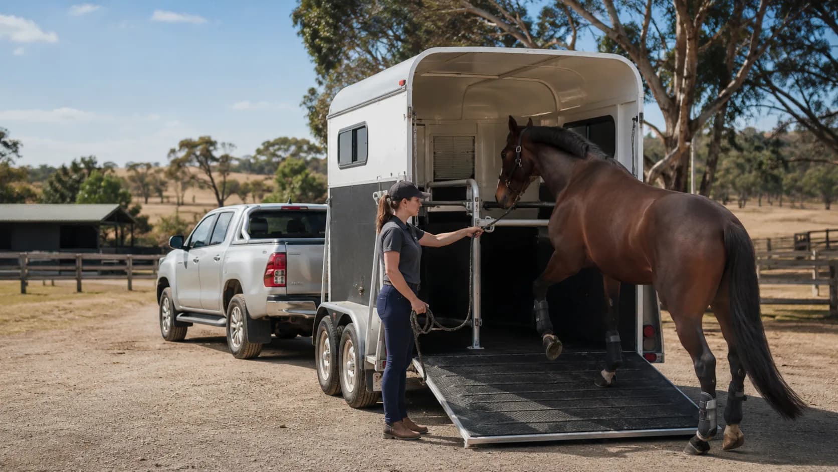 A float is loaded at an Australian agistment property with paddocks behind