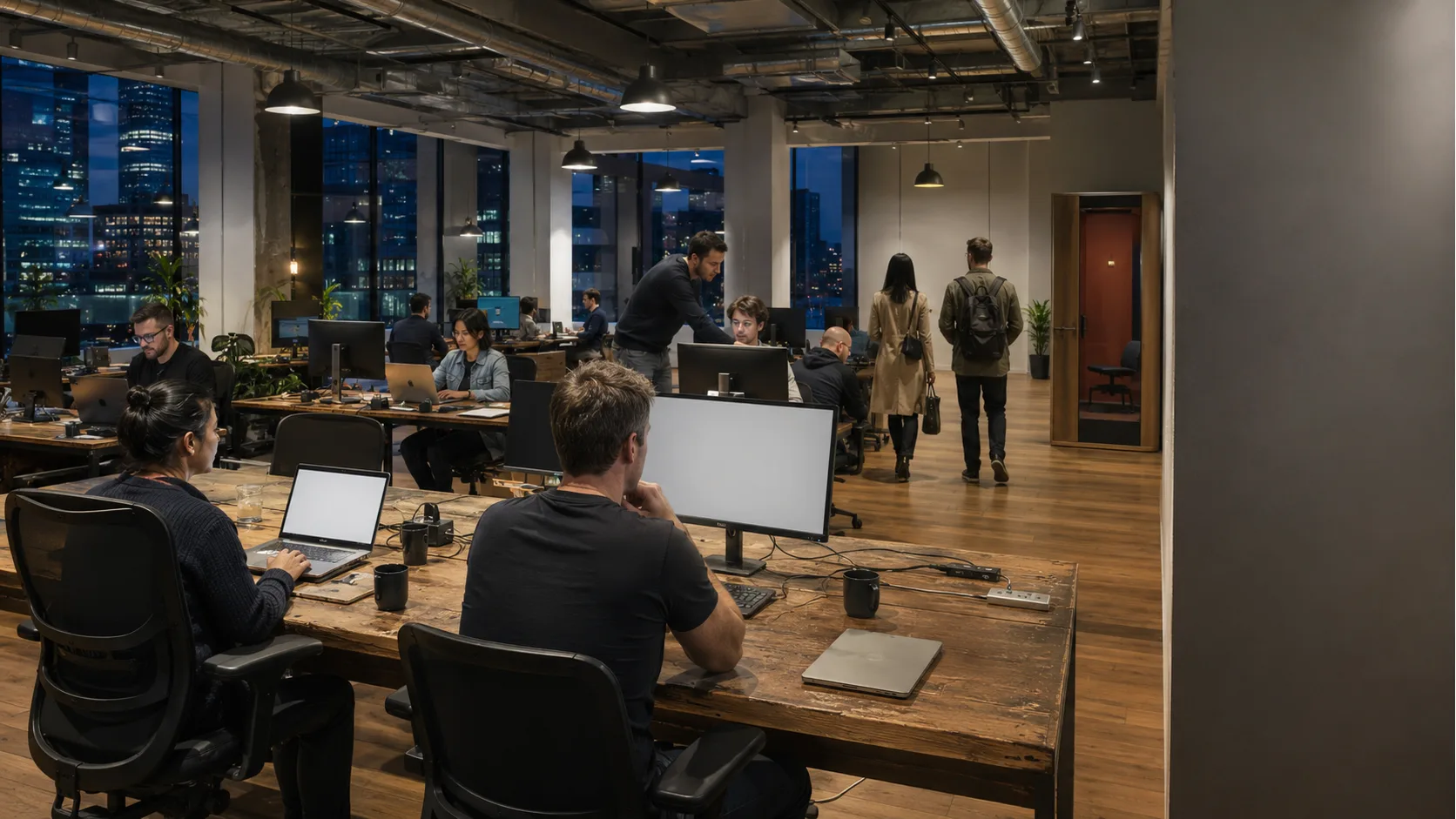 Coworkers use occupied desks throughout a bright professional shared workspace