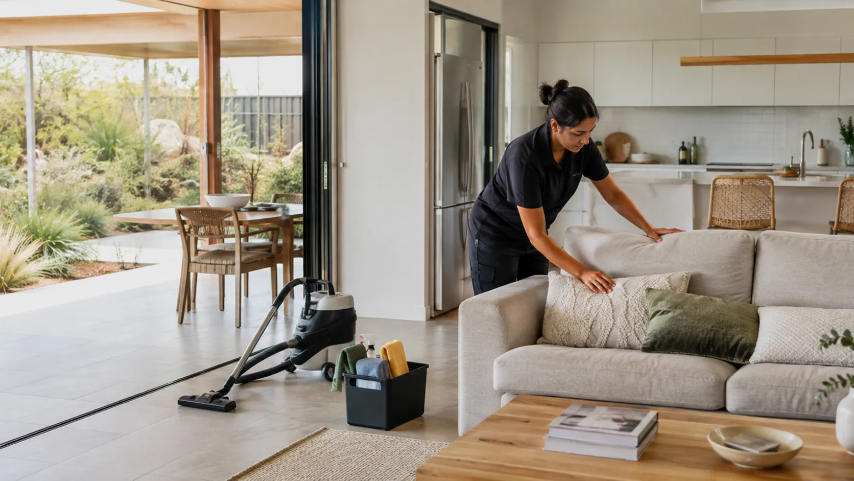 A housekeeper cleaning a kitchen in a home in Australia