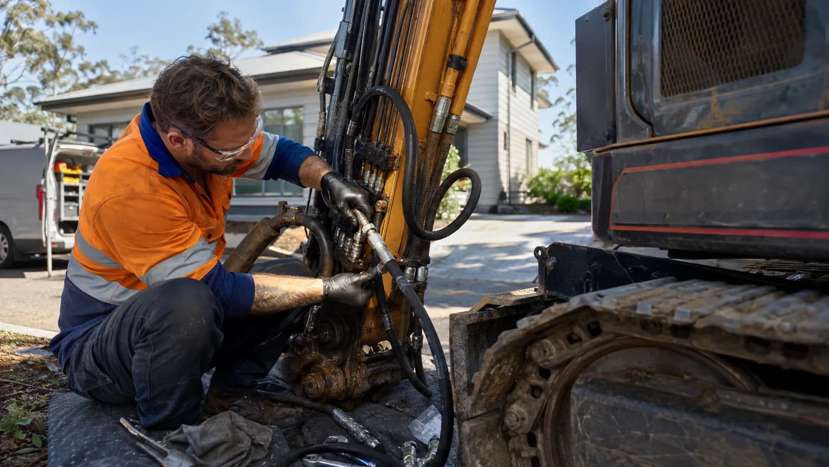 A mobile hose fitter crimping a hose beside a stopped machine in Australia