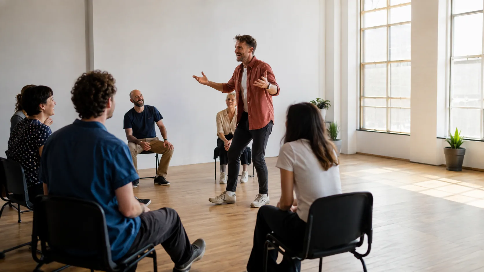 Improv facilitator leading a lively group exercise in an Australian studio