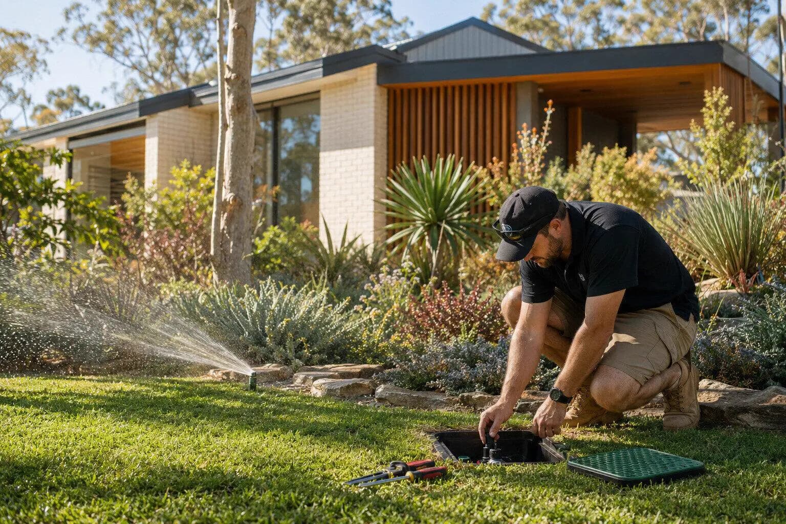 An installer working on a buried garden watering system in Australia