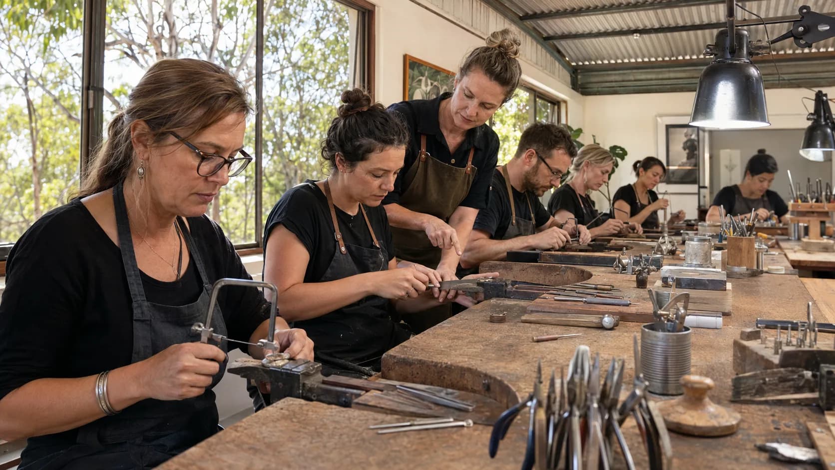 A tutor leans over a maker sawing silver at a bench in an Australian jewellery studio