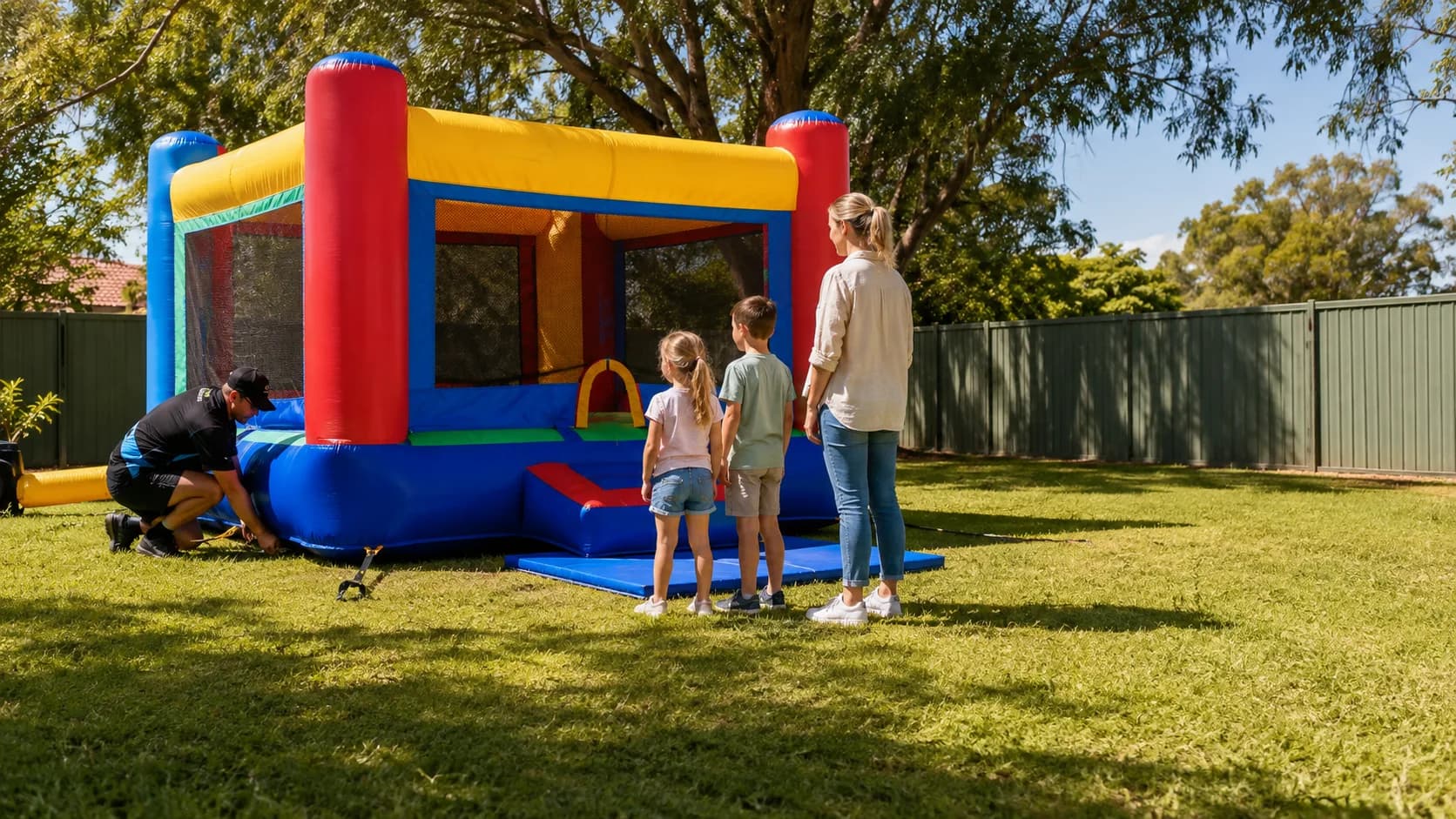 Crew anchoring a jumping castle for an backyard party in Australia