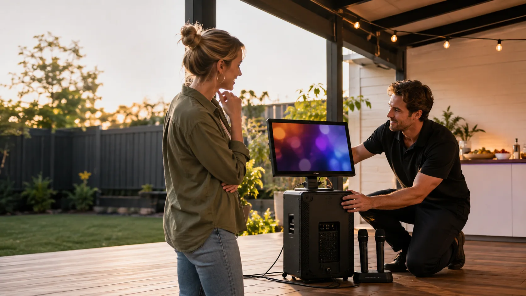 Operator testing a karaoke machine at an backyard party in Australia
