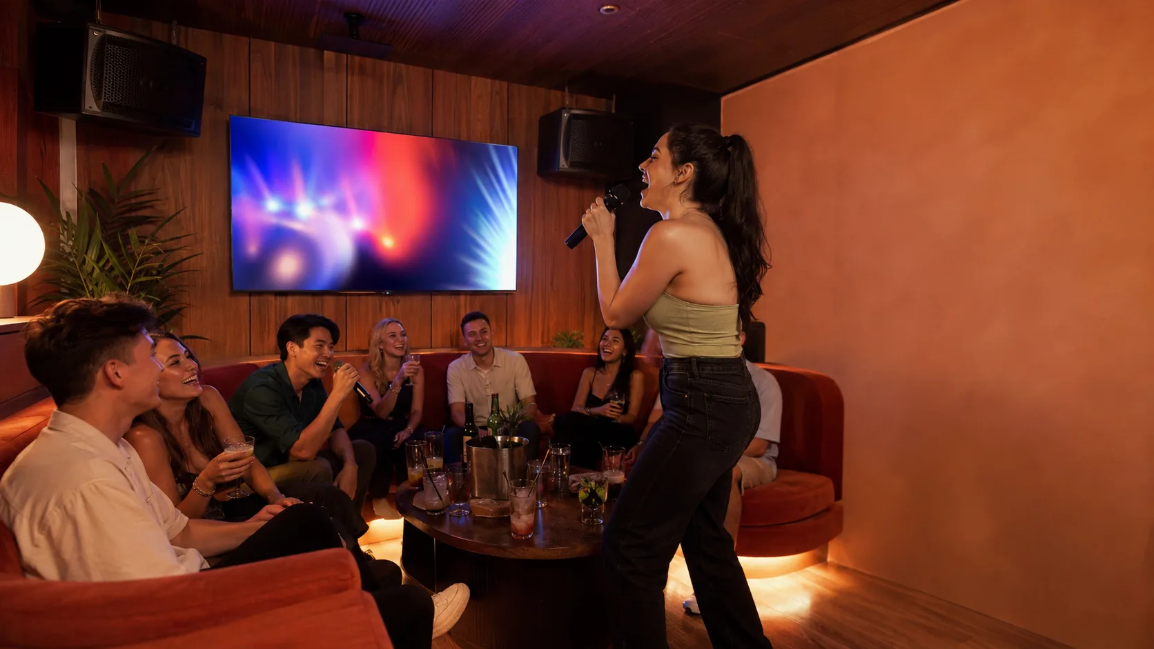 Friends sing together in a colourful private karaoke room at dusk