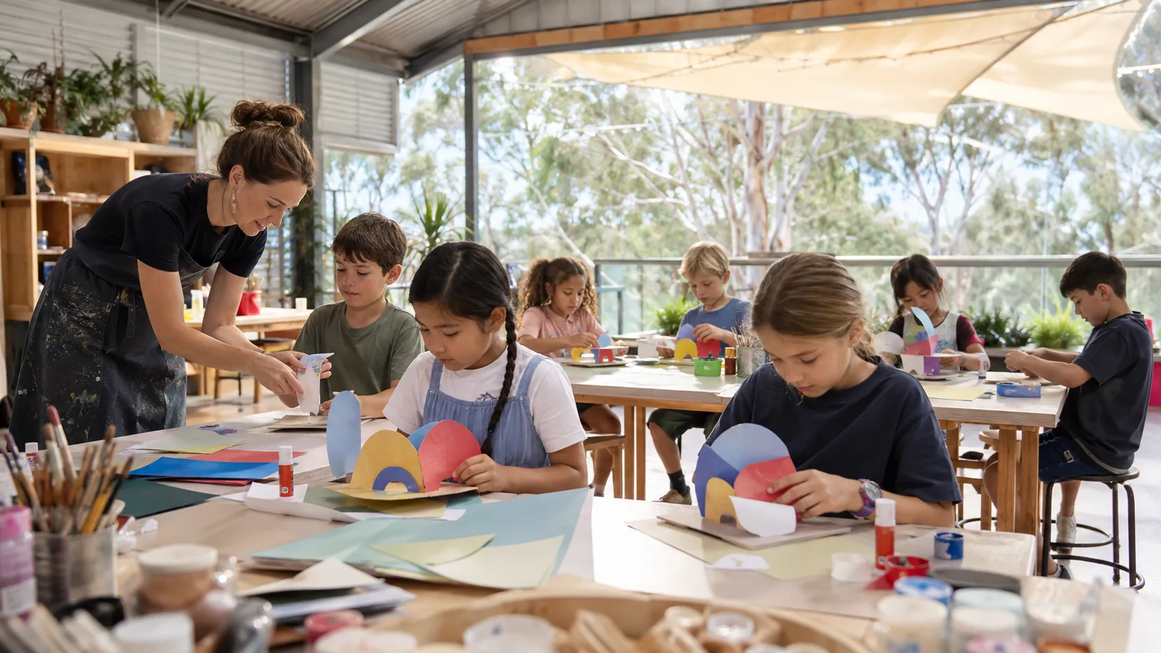 A teacher guides children through a lively hands-on activity class in Australia