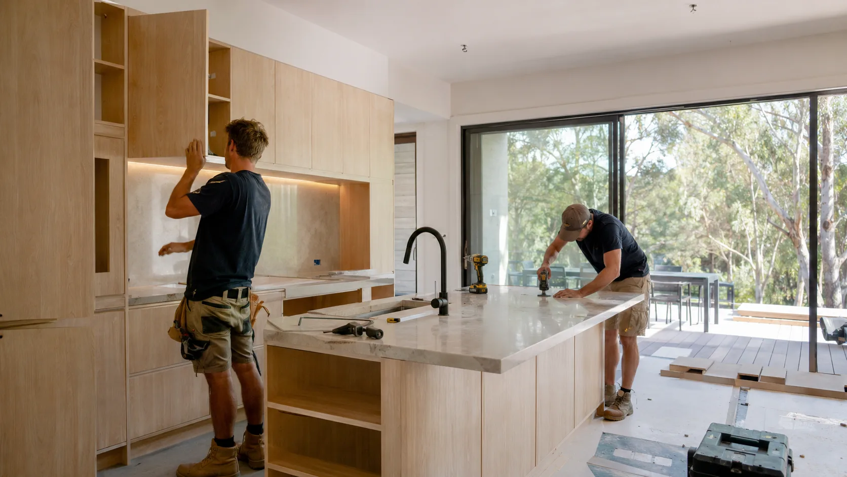 A fitter installing a bathroom in Australia