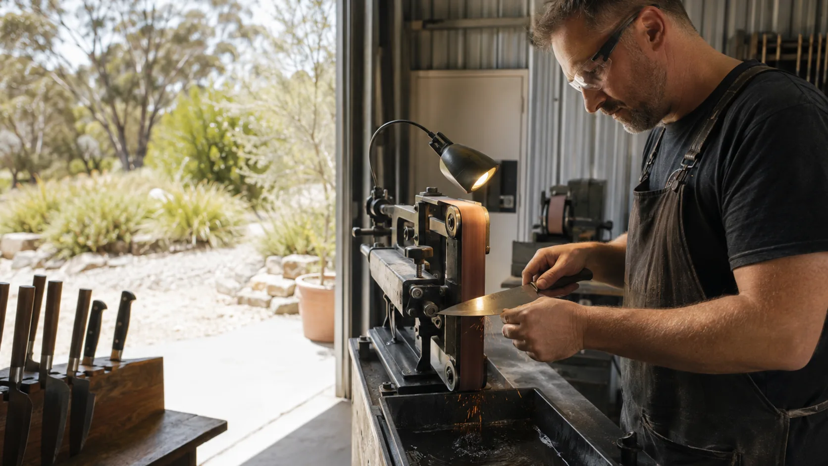 A mobile sharpener working a kitchen's knives on a bench in Australia