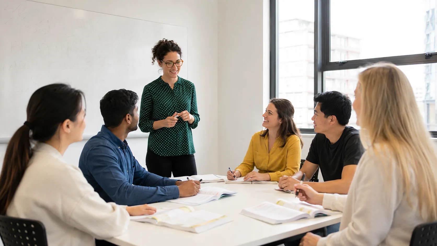 Teacher leading an adult language class in a bright Australian classroom