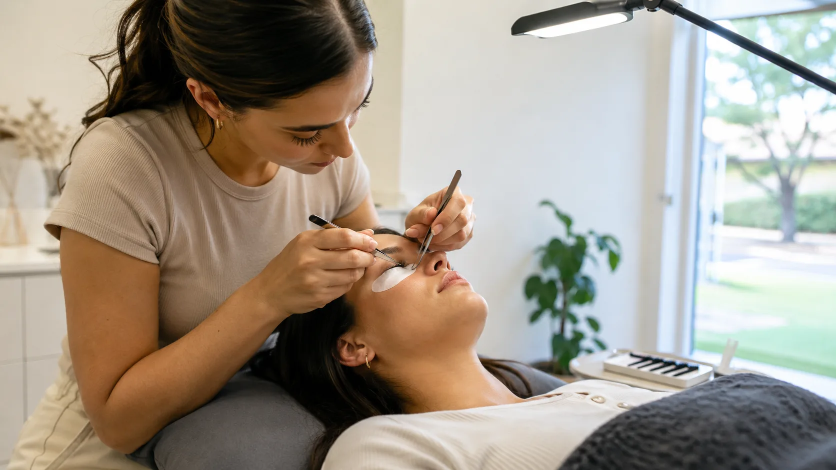 Lash artist applying extensions for a client inside a bright studio in Australia