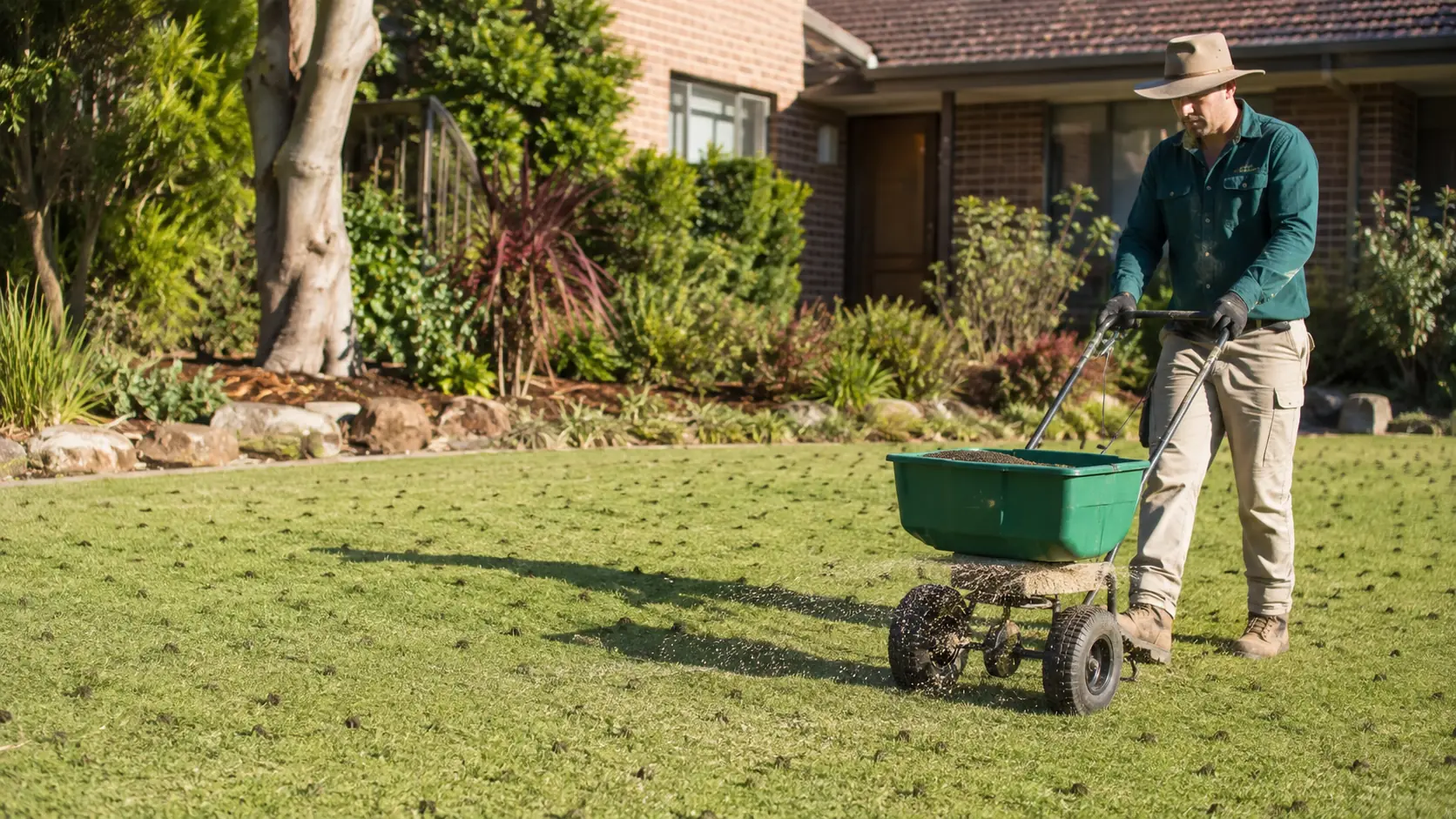 A technician pushes a broadcast spreader across a front lawn beside a brick Australian home
