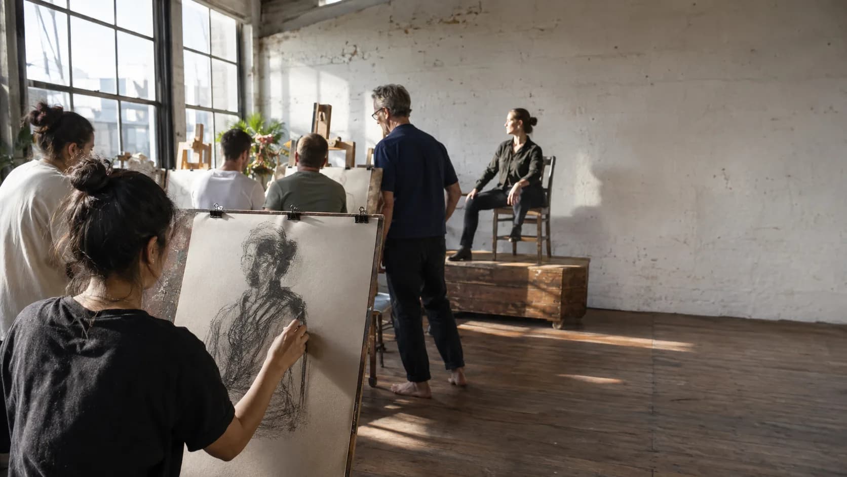 Artists sketching a clothed model during an Australian life-drawing class