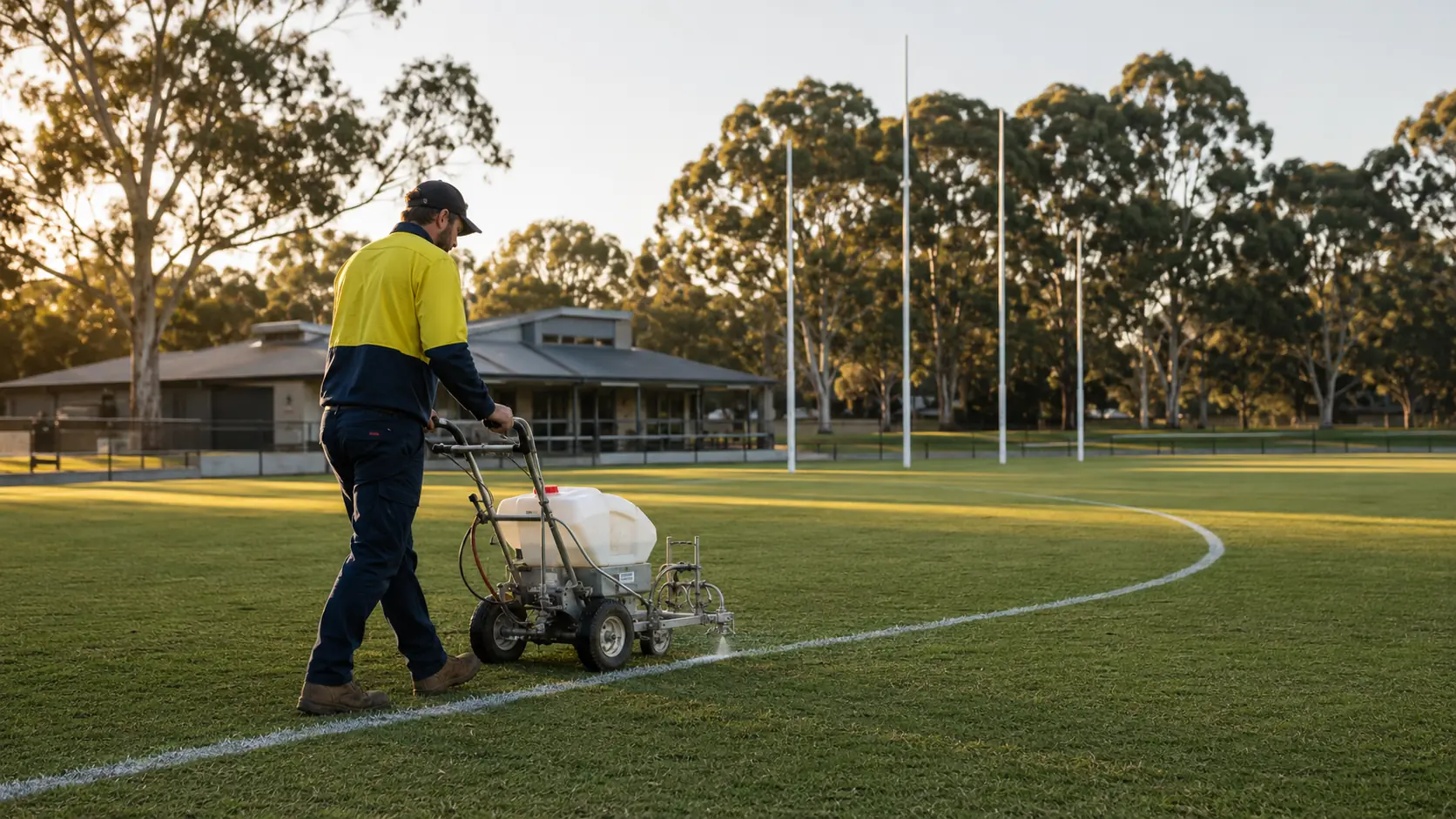 An operator marks white lines on an Australian sports field at sunrise