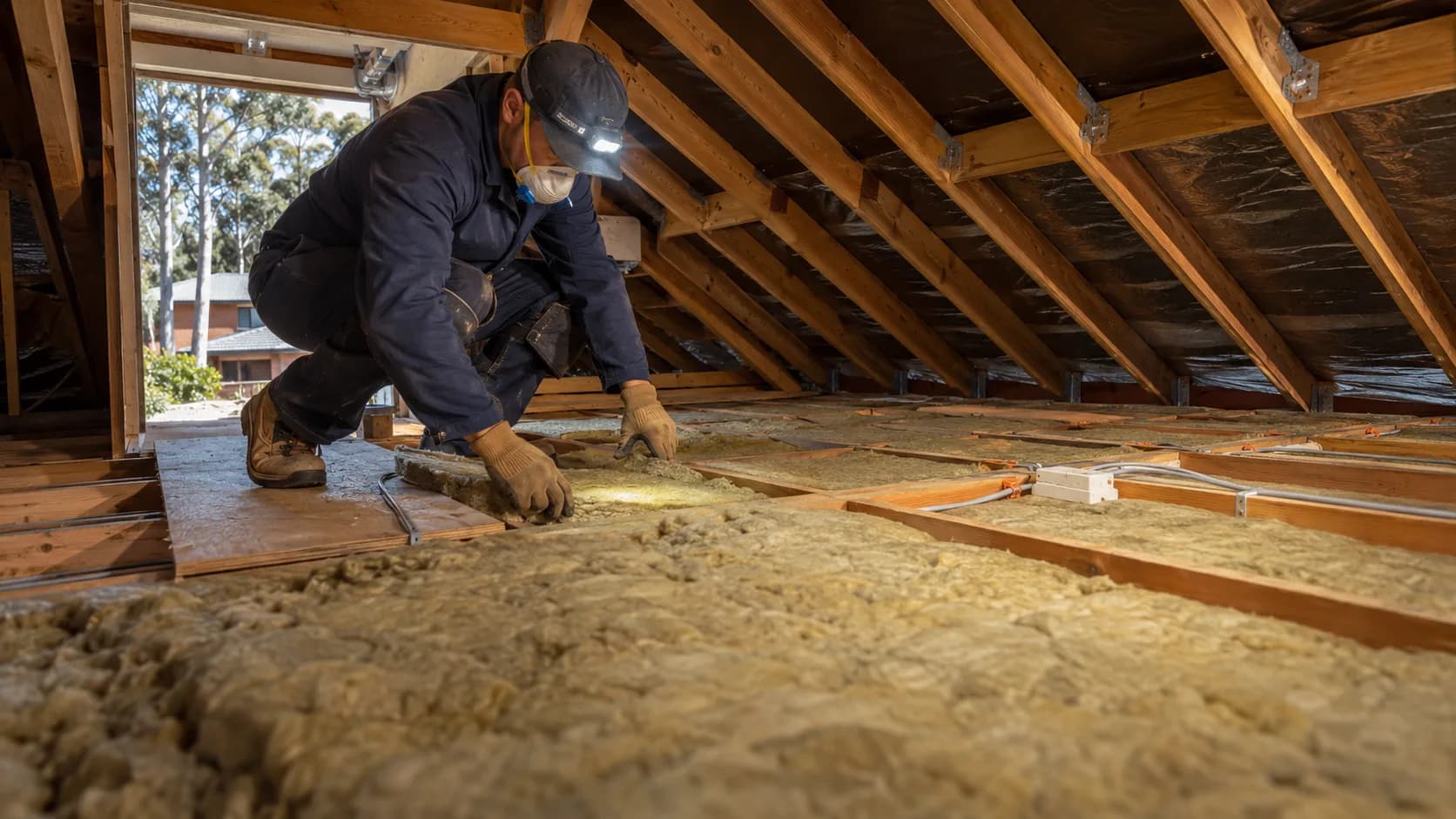 An insulation installer working in a roof space in Australia