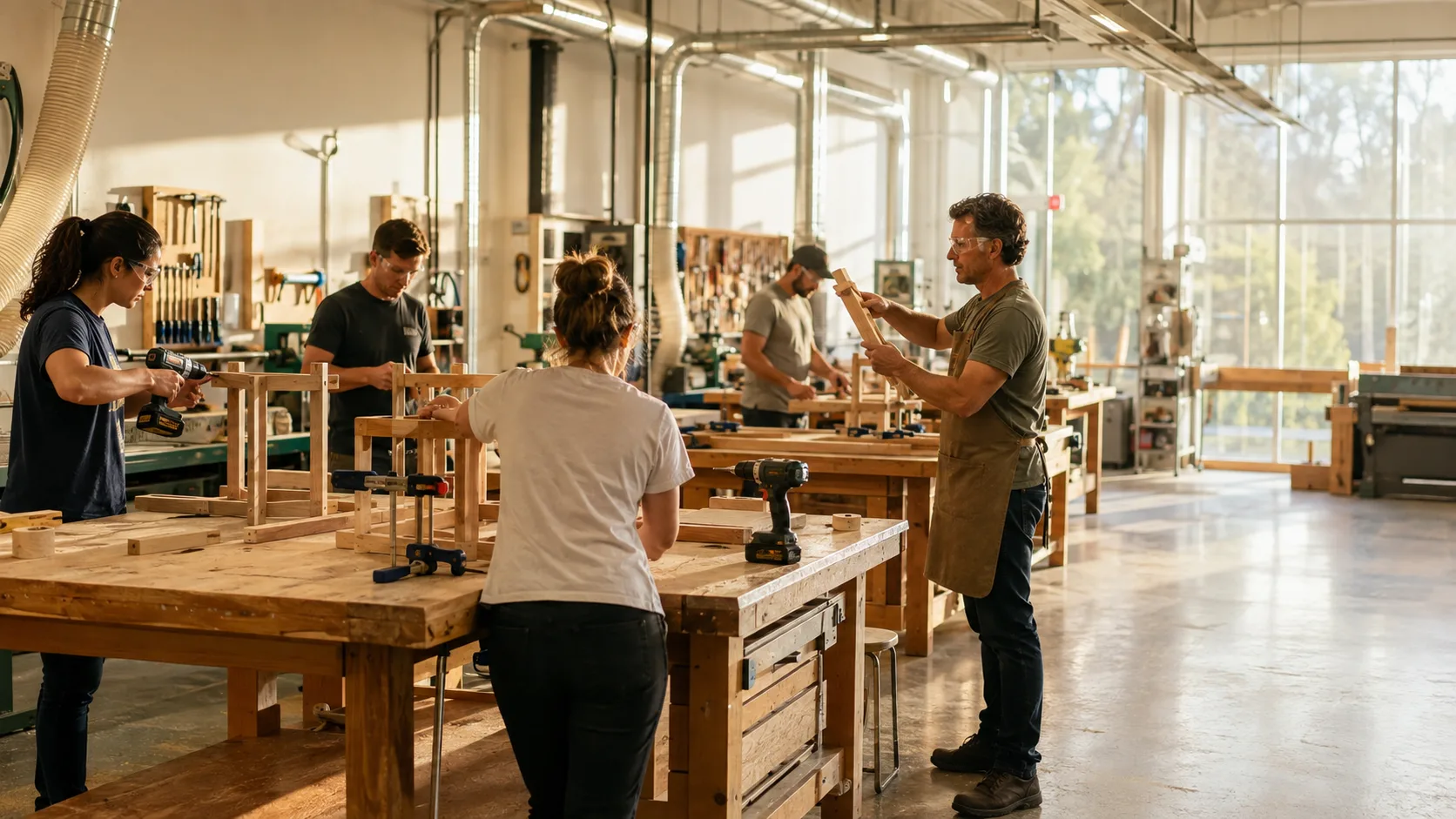 Makers build projects across occupied benches in a sunlit workshop