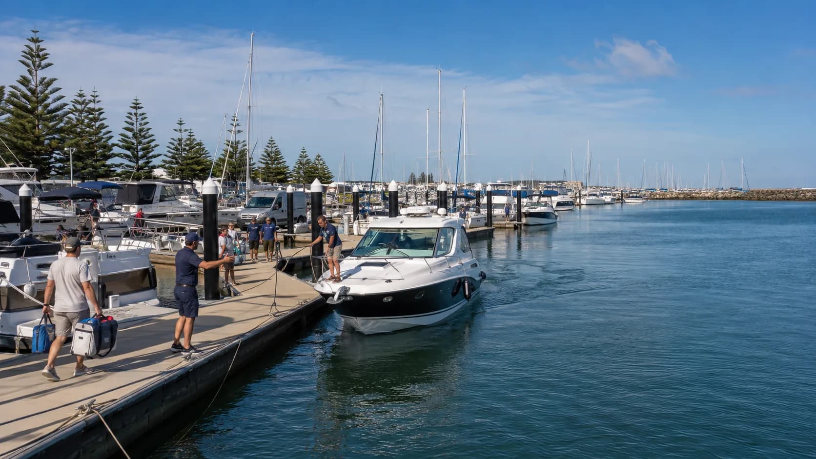Guests arrive at occupied Australian berth by vessel length in bright daylight