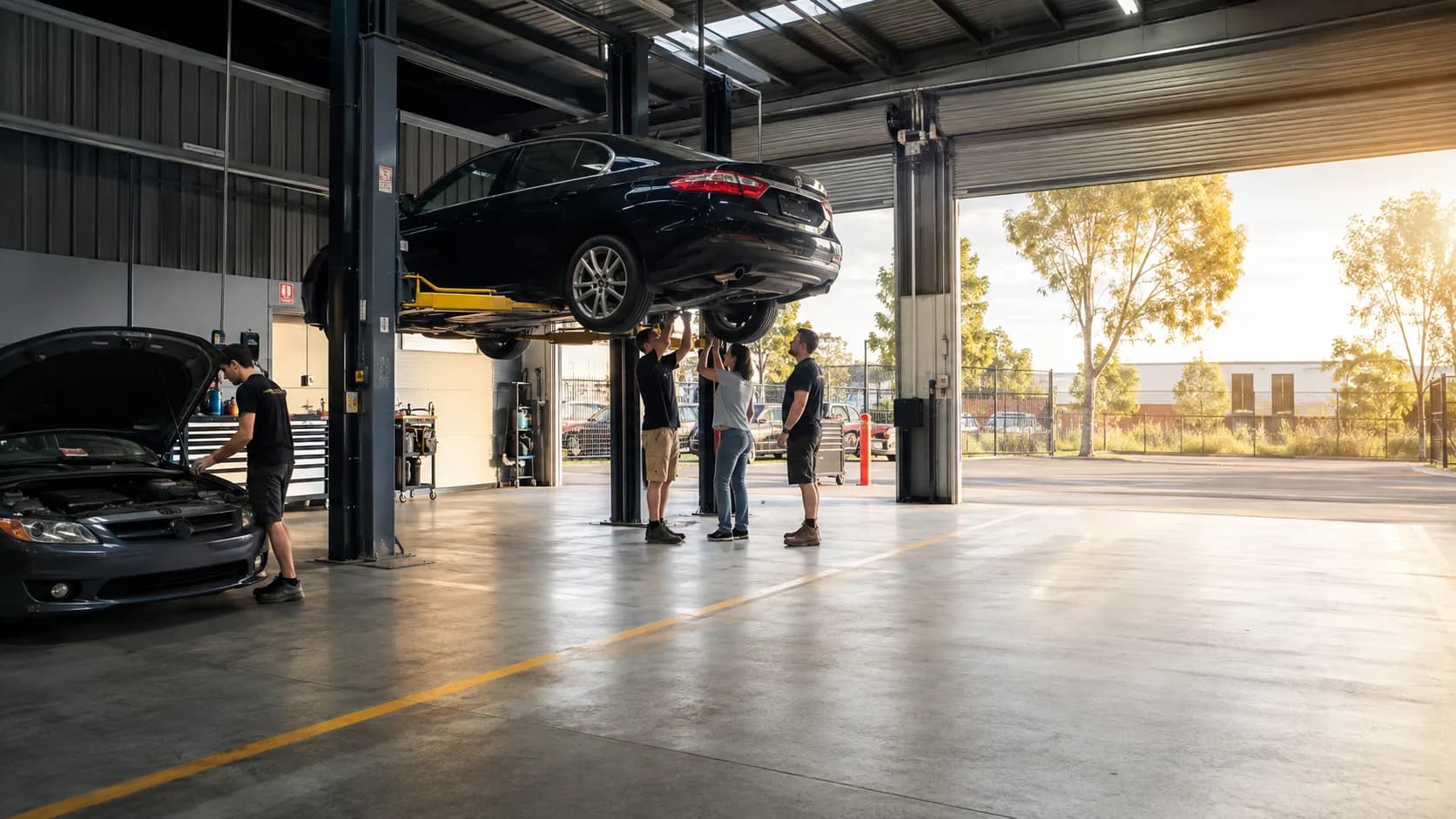 Drivers work safely around occupied hoist bays in a bright workshop