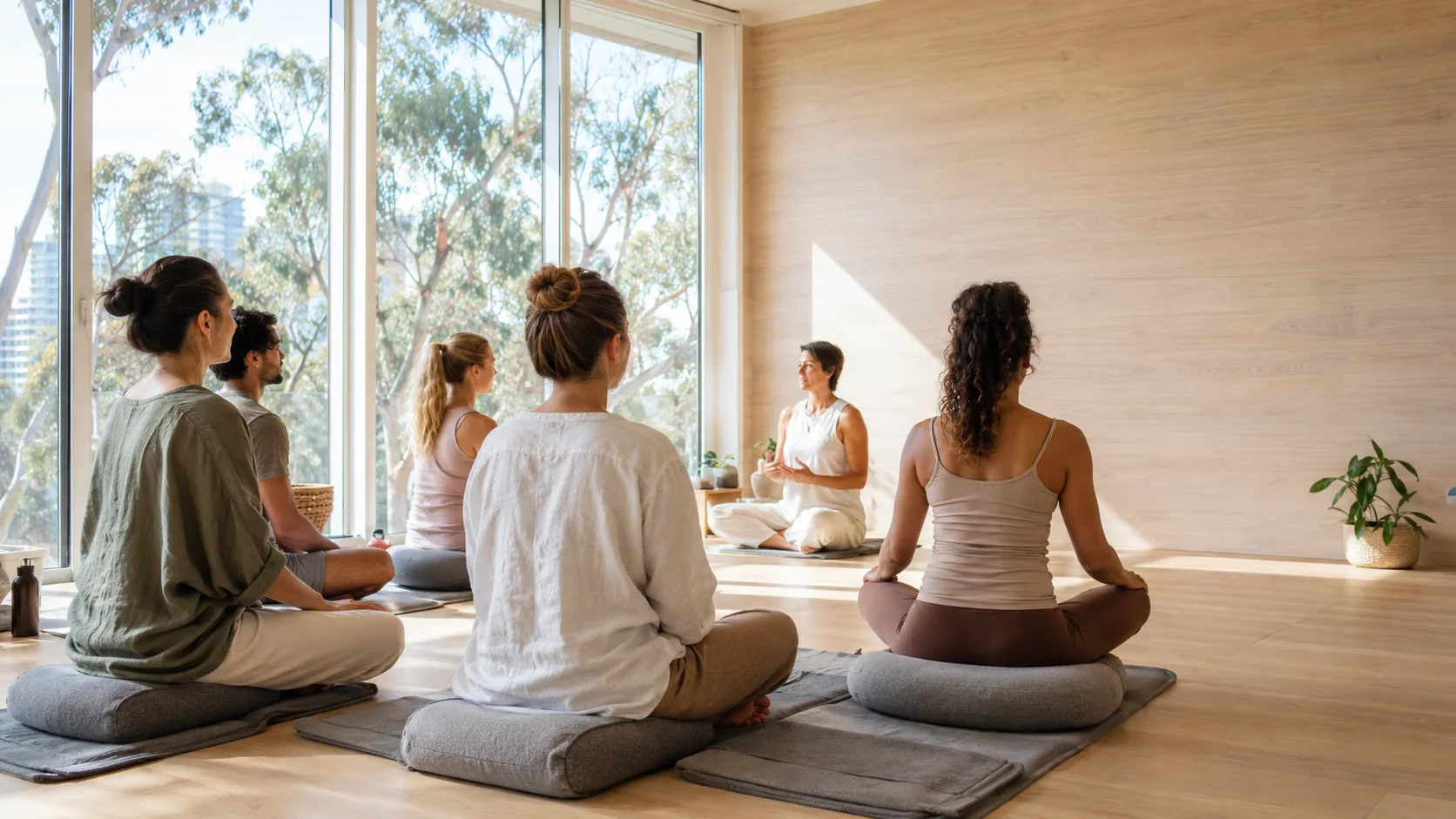 Guide leading a seated meditation group in an Australian wellness studio