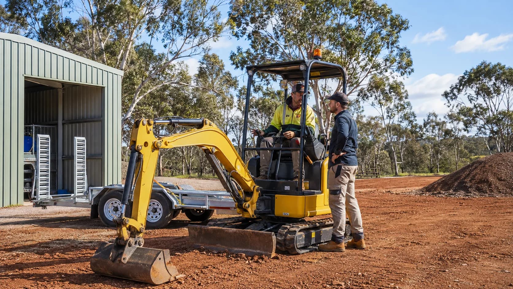 Operator demonstrating a mini excavator at an equipment yard in Australia