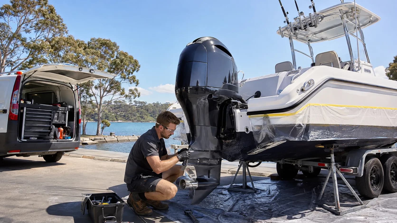 A marine mechanic servicing an engine at a marina berth in Australia