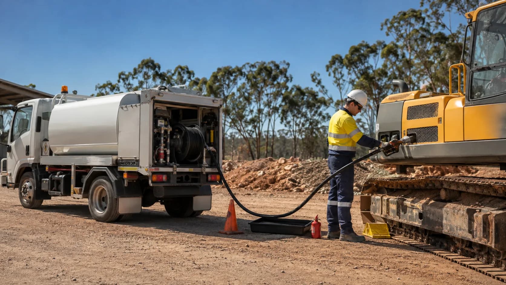 A fuel truck refuelling an excavator on a dirt site, the operator in hi-vis holding the hose