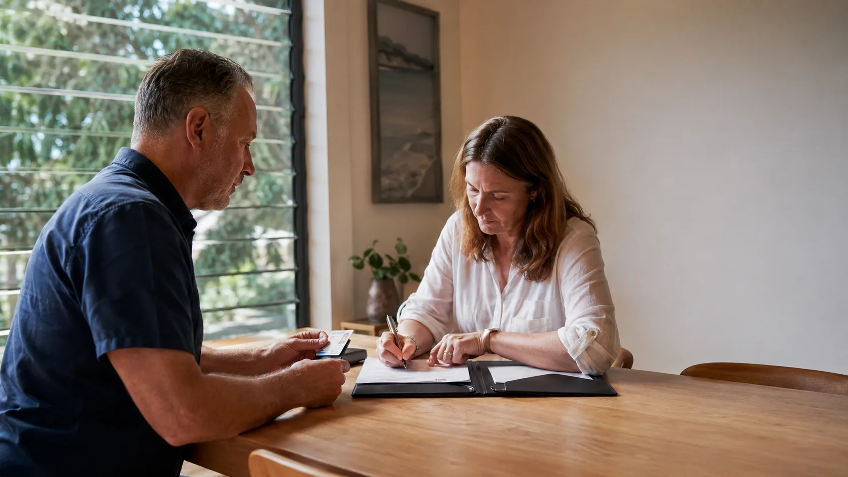 A mobile notary witnesses a signature at a kitchen table in an Australian home