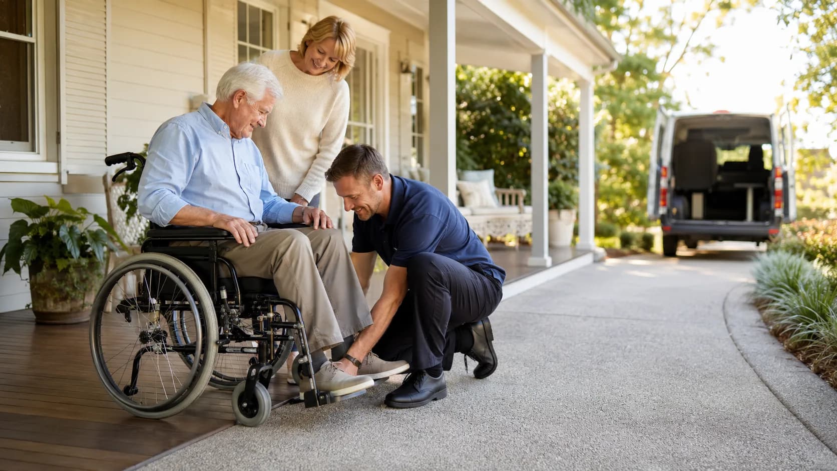 Operator fitting a wheelchair for a customer at an home in Australia