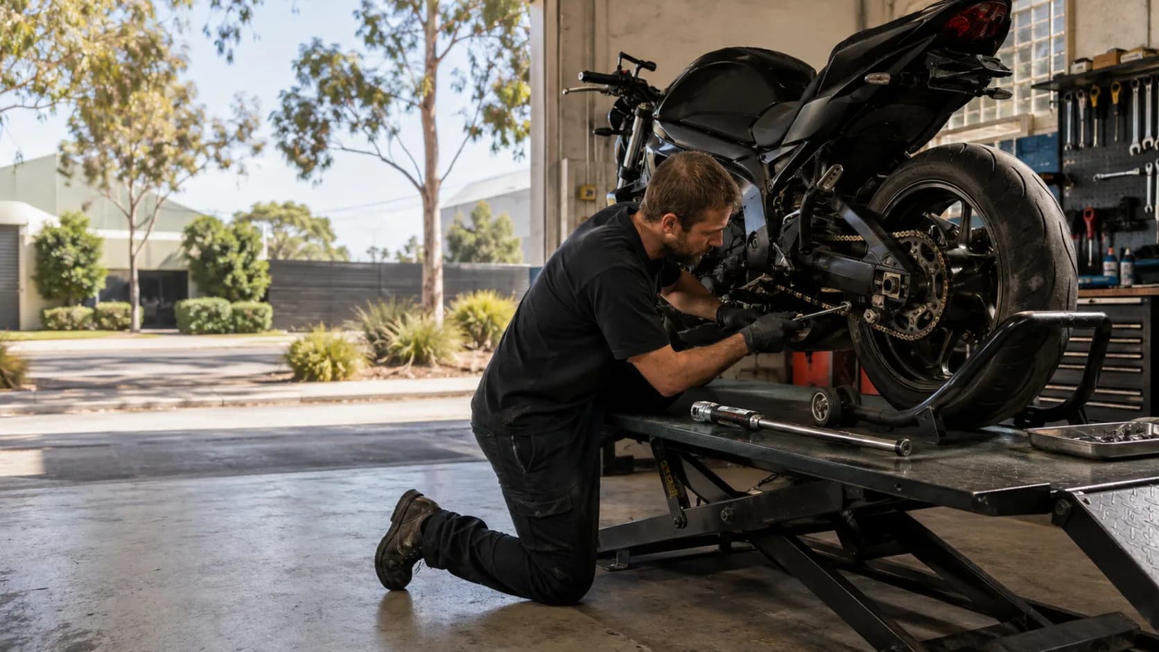 A mechanic working on a motorcycle in a workshop in Australia