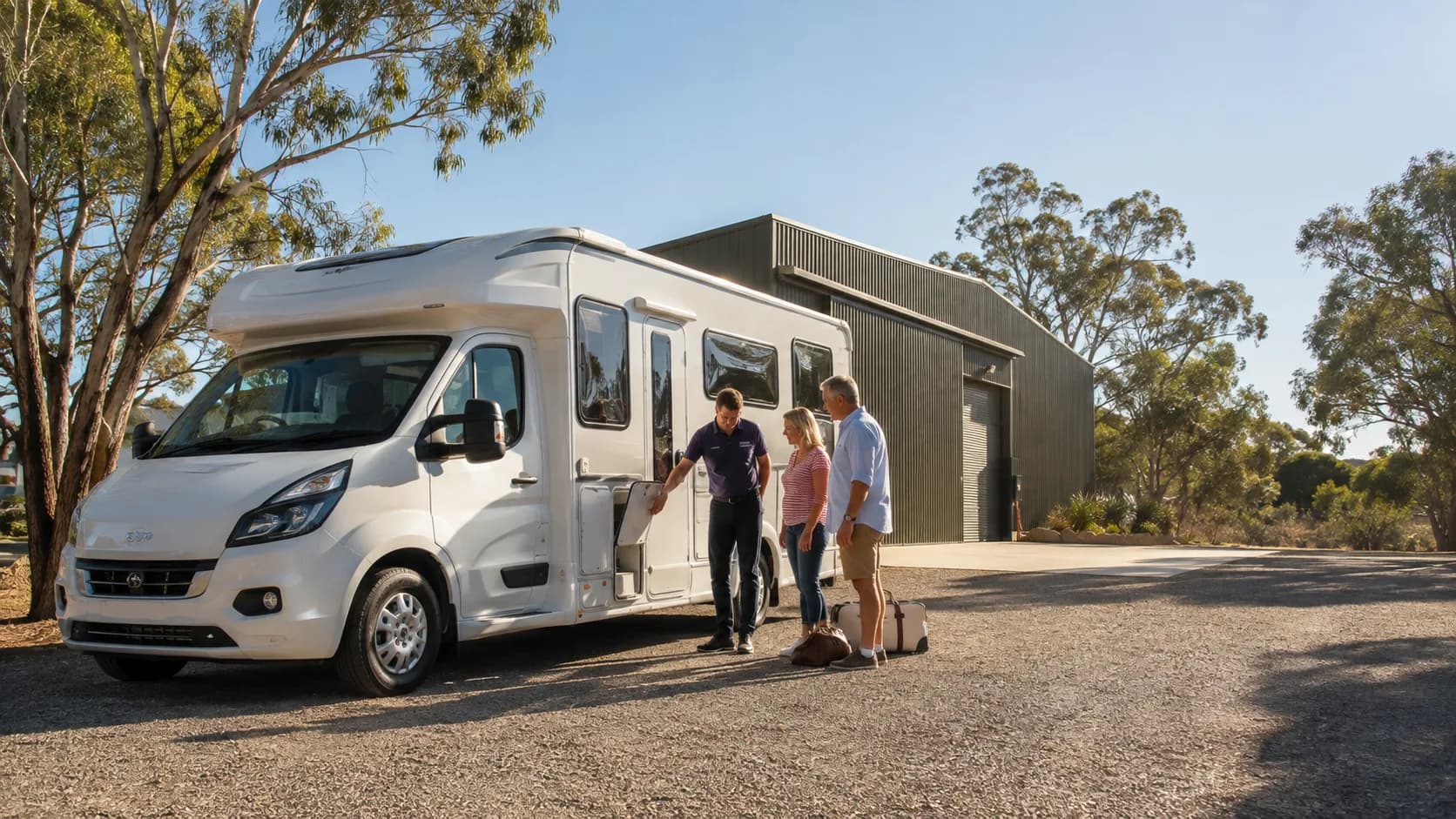 Travellers receiving a motorhome handover at an depot in Australia