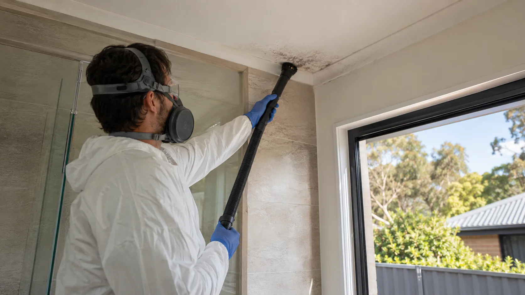 A specialist in protective gear treating a bedroom ceiling in a house in Australia