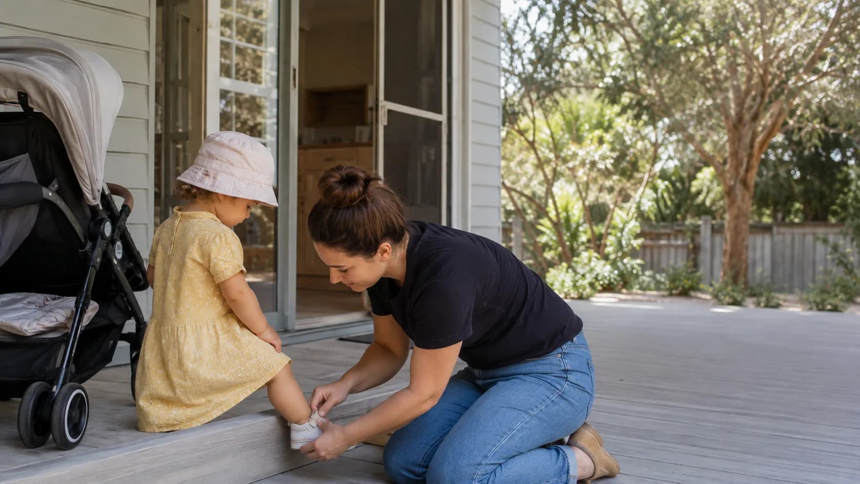 A nanny fastens a toddler's shoe by the door of an Australian home
