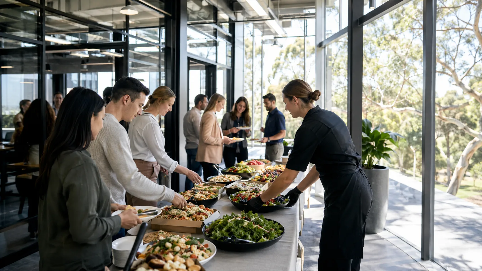 office caterer setting lunch platters in a bright workplace in Australia
