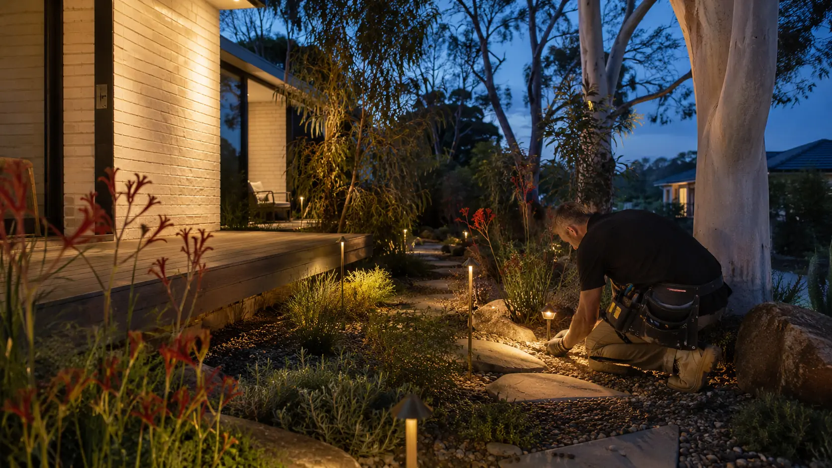 An installer sets a garden spike light at dusk beside a lit Australian home