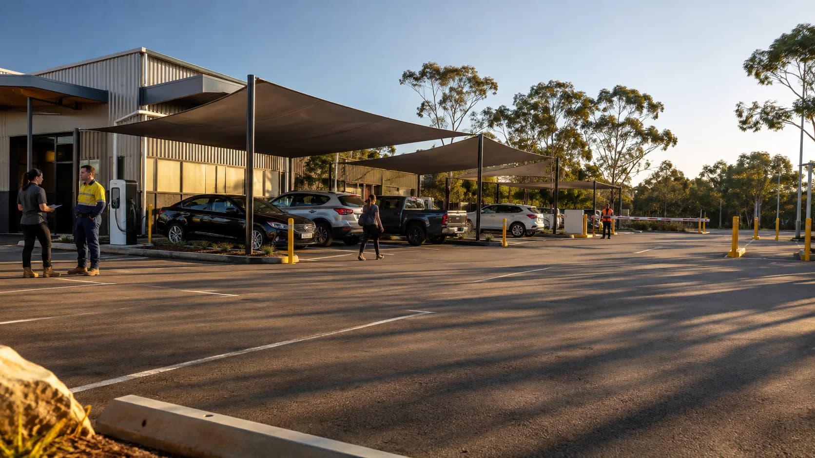 Staff arrive at a sunlit office car park with marked bays